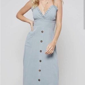 Ruffle and Button-Trimmed Midi Dres